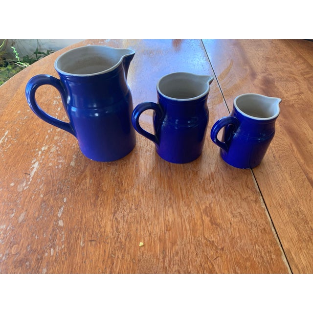 Blue Vintage French Water Pitchers Digoin Grespots # 0, 2 , 4, Cobalt Blue Glaze Farmhouse Set of 3 For Sale - Image 8 of 12