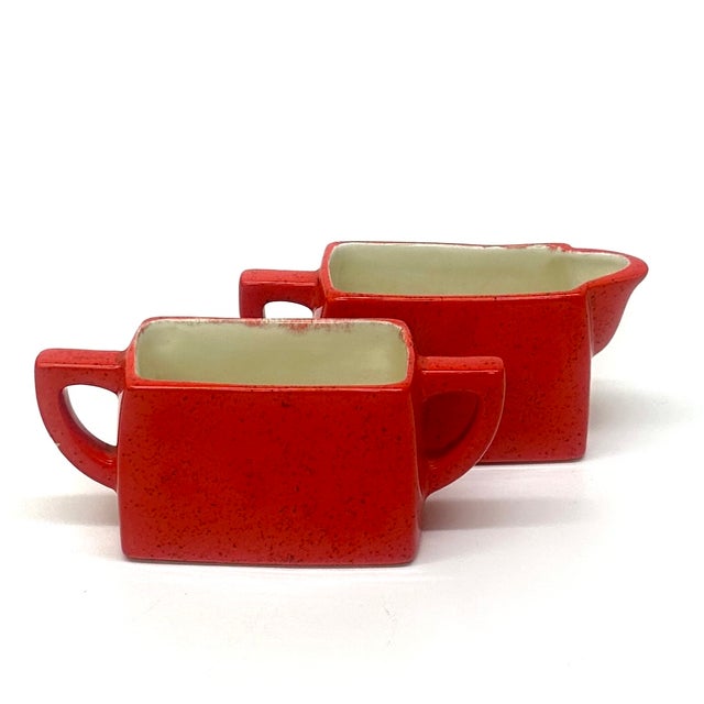 Mid-Century Modern Mid 20th Century Danish Modern Bright Red Glazed Ceramic Creamer & Sugar Bowl Set For Sale - Image 3 of 11