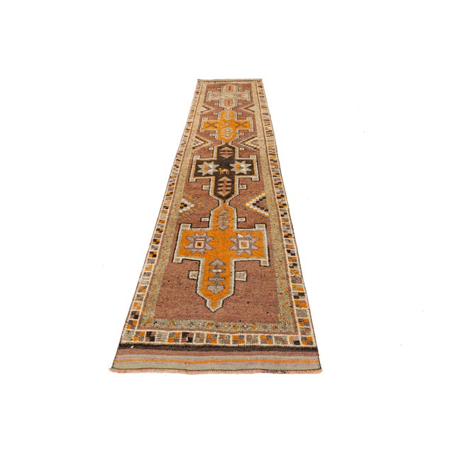 Handmade Vintage Turkish Brown Wool Runner With Tribal Star Motifs For Sale - Image 4 of 10