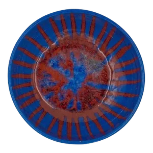 1997 Harding Black Pottery Bowl Red Blue Crystalline Starburst Glaze
