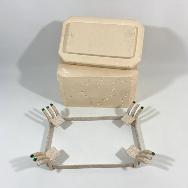 Postmodern Faux Travertine Ceramic Box With Metal Stand and Handle For Sale - Image 11 of 13