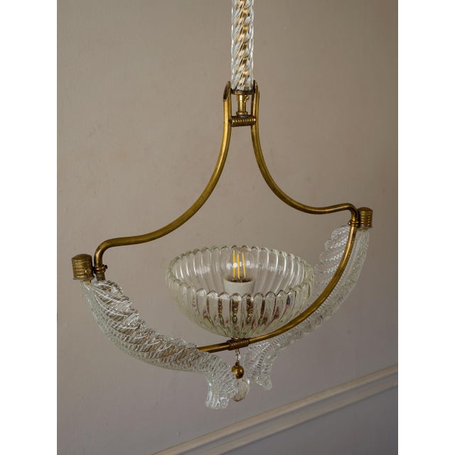 Glass Vintage Italian Art Deco Brass Chandelier with Glass Leaves attributed to Ercole Barovier for Barovier&Toso, 1940s For Sale - Image 7 of 14
