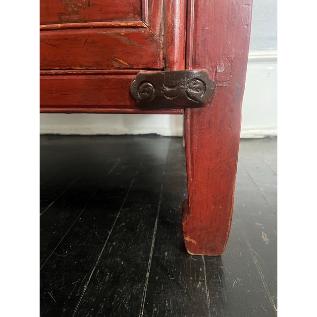 Red Late Qing Dynasty Red Lacquer Elmwood Accent Cabinet - Distressed Finish For Sale - Image 8 of 12