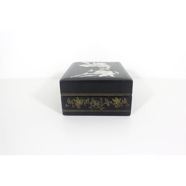 Vintage Black Lacquered Wood Jewelry Box With Inlaid Mother of Pearl Shell and Brass Details For Sale - Image 6 of 11