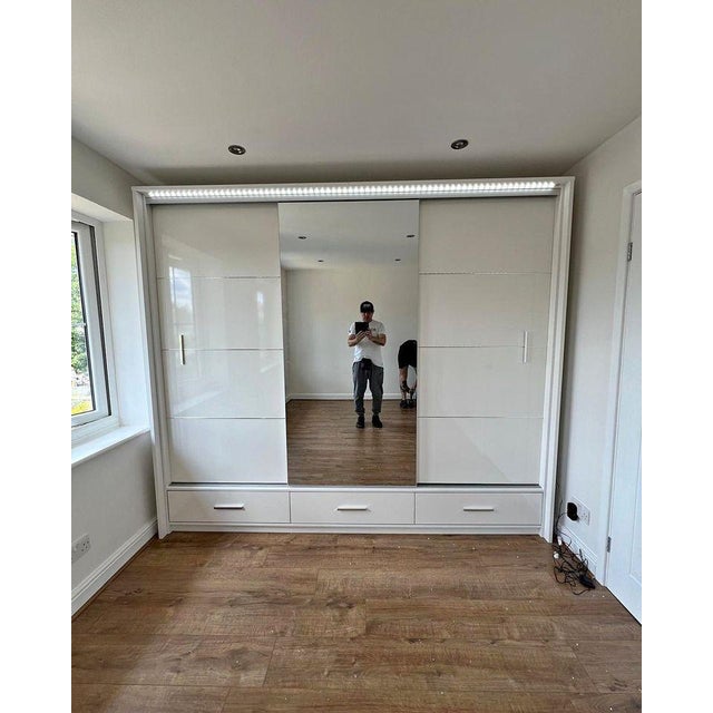 Modern Sliding Door Wardrobe Armoire With Shelving & Drawers – 250 Cm For Sale - Image 6 of 14