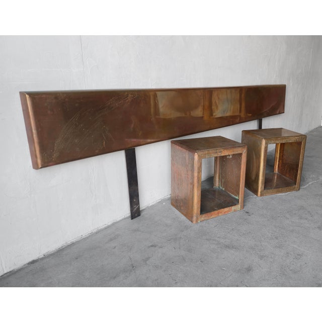 Metal 1970s Bespoke Patinated Copper Headboard and Nightstand Set For Sale - Image 7 of 18