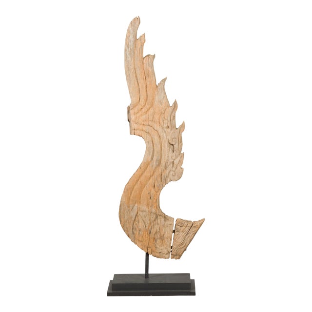 Thai Hand-Carved Wood Temple Dragon Sculpture Mounted on Metal Base For Sale