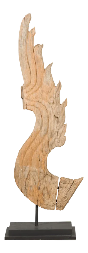 Thai Hand-Carved Wood Temple Dragon Sculpture Mounted on Metal Base