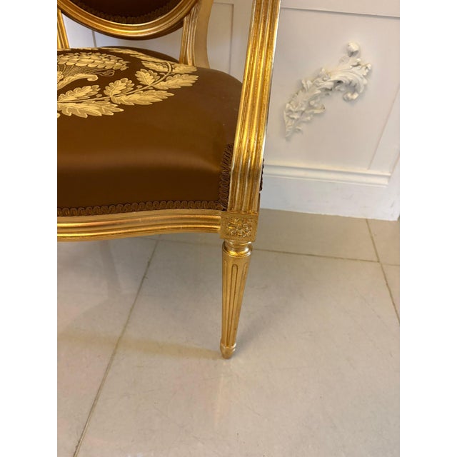 Large Vintage Louis XVI Style Giltwood Dining Chairs with Silk Damask Upholstery, 1940, Set of 42 For Sale - Image 10 of 18