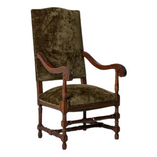 1920s Flemish Velvet & Oak Armchair For Sale