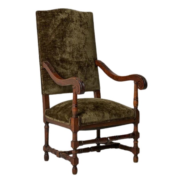 1920s Flemish Velvet & Oak Armchair For Sale