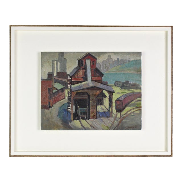 Antique Wpa 1912 Oil Painting of Shipping Yard by Frank Culman For Sale