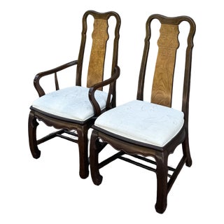 Vintage Universal Furniture Asian Ming Style Armchair & Side Chair in Dark Brown & Burl Wood For Sale