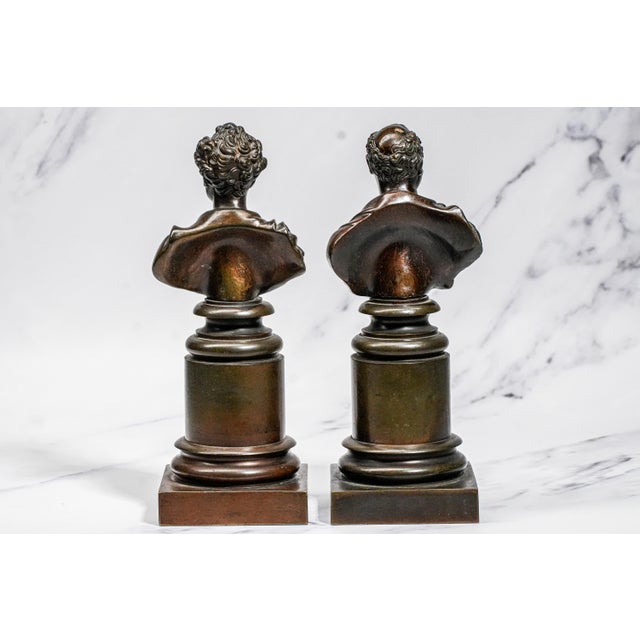 Amazing Pair Antique Bronze English Neoclassical Grand Tour Statue Sculpture Bust Royalty Home Decor For Sale - Image 13 of 17
