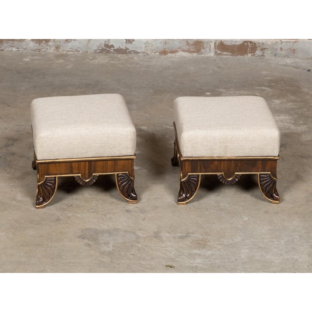 Wood Pair of English Regency 19th Century Footstools with Carved Feet and Gilt Trim For Sale - Image 7 of 11