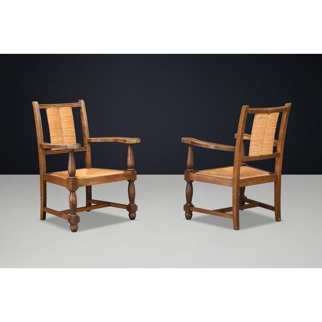French Oak and Rush Armchairs in the style of Charles Dudouyt, France, 1940, Set of 2 For Sale - Image 3 of 11