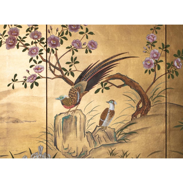 "Small Flowers and Golden Pheasant" by Kokei, Heisei Era Japanese Gold Leaf Style Painted Byobu Screen For Sale - Image 10 of 18