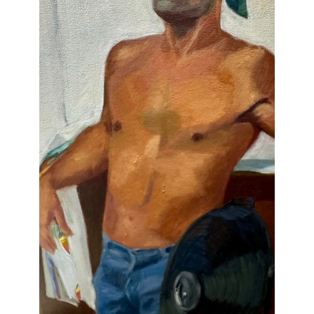 Figurative Stunning Vintage 1970 Commissioned Painting of a Half Nude Male Wearing a Head Bandana While Resting Against a Counter For Sale - Image 3 of 9