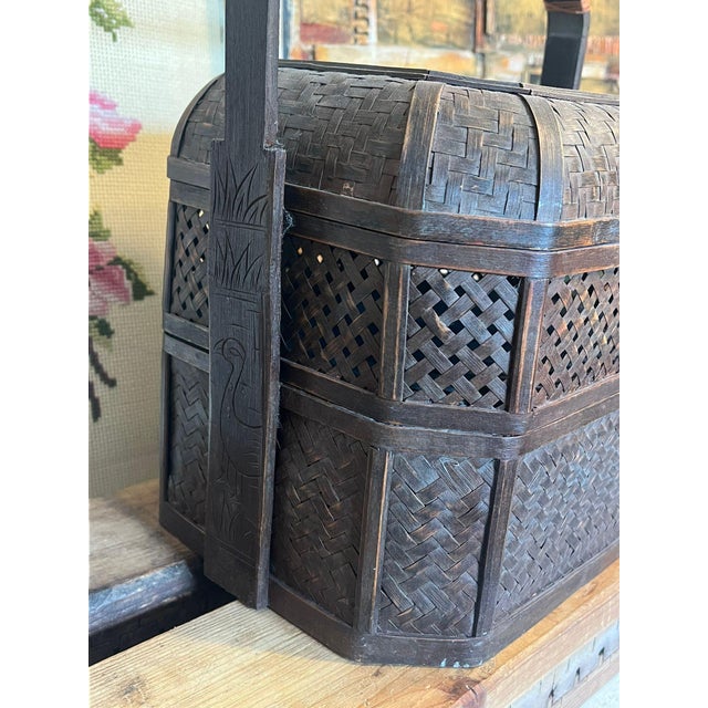 Antique Chinese Carved Wicker and Bamboo Lunch Box Basket. For Sale In Seattle - Image 6 of 8