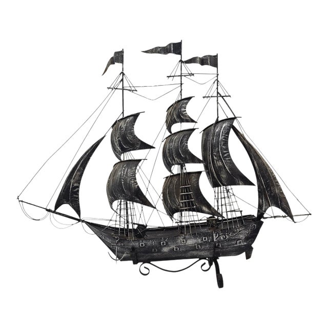 Vintage Tin Metal Three-Masted Galleon / Clipper Ship Sculpture, 24" For Sale