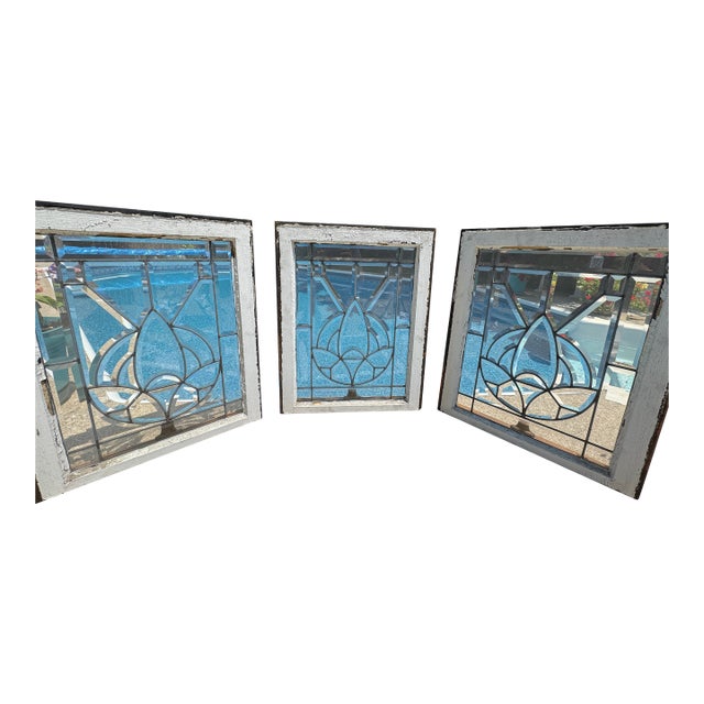 5-Piece Art Deco Beveled Leaded Glass Window Set Matching Transom & 4 Sidelights For Sale