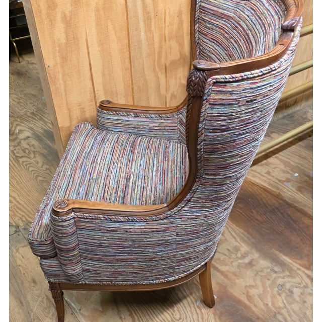 Louis XVI Revival Carved Walnut Fauteuil Armchair With Fluted Legs and Striped Upholstery, 20th Century For Sale - Image 4 of 11