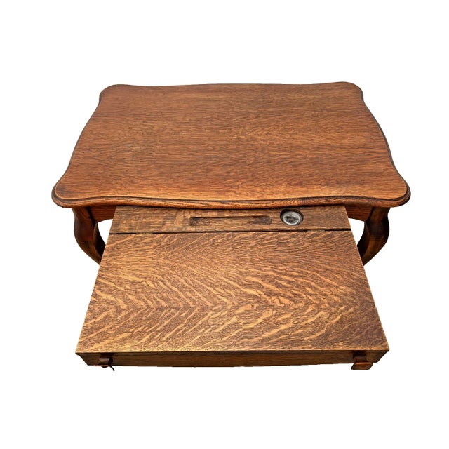 Antique Cadillac Expanding Desk Table, Drawer, Tiger Oak, Bottom Shelf, Ink Well For Sale - Image 4 of 13