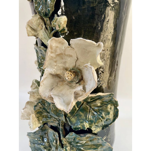 Grand Monumental French Barbotine Faience Floral Floor Vase For Sale - Image 9 of 10