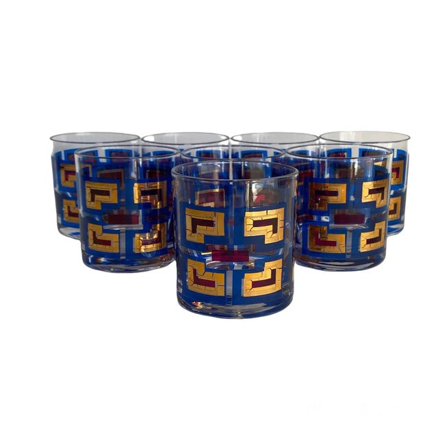 Mid Century Greek Key Low Ball Glasses Gold Blue Magenta Rocks MCM Cocktail Vintage 1960s Barware Set of 8 By Berta Great...