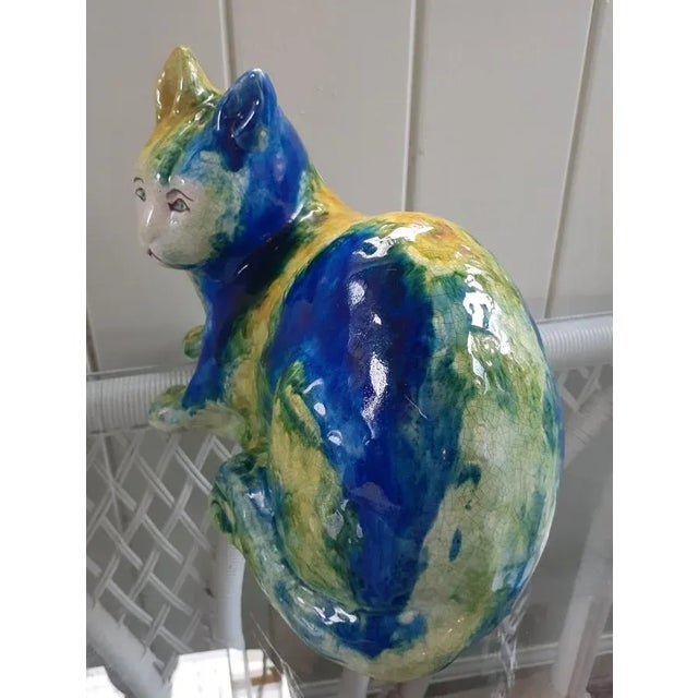 Italian Mid Century Italian Majolica Blue, Green, Yellow Ceramic Cat For Sale - Image 3 of 11