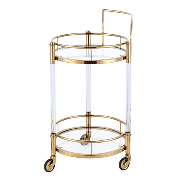 The Crystalin Bar Cart features two glass trays within a durable lucite frame, accented with gold-plated stainless steel....