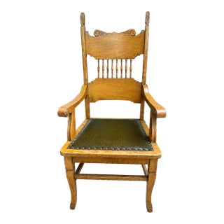 Antique American Oak Armchair With Embossed Leather Seat, Circa 1910s–1920s For Sale