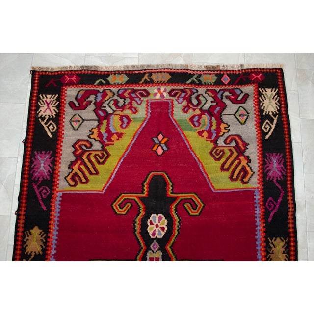 Handwoven Turkish Kilim Rug Anatolian Tribal Magenta Rug - 6′2″ X 13′3″ For Sale - Image 6 of 12