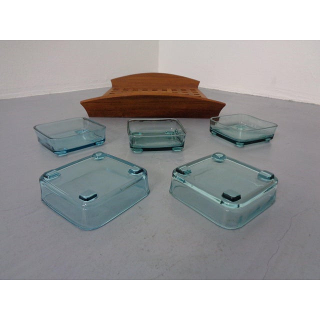 Teak Tray with Glass Bowls by Jens Quistgaard for IHQ Dansk Designs, 1960s, Set of 6 For Sale - Image 6 of 10