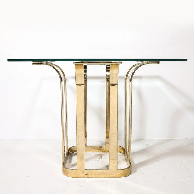 Mid-Century Modernist Stylized Tulip Form Banded Brass Dining Table W/ Glass Top For Sale - Image 4 of 12