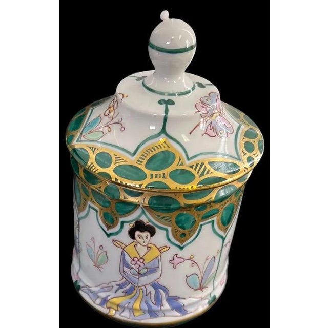 Vintage Sherle Wagner Italian Hand-Painted Chinoiserie 4-Piece Vanity Set - Malachite Green & 24k Gold - Rare Recessed Tp Holder For Sale In Portland, ME - Image 6 of 11
