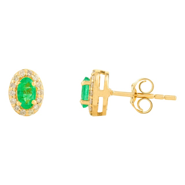 Dainty Modern Halo Diamond Emerald Stud Earrings in 18k Gold- A Pair For Sale