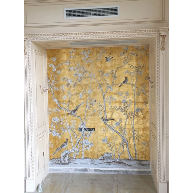Wood Chinoiserie Hand Painted Bamboo Floral Wallpaper Panel Murals on Gold Metallic 3ft X 8ft /Panel - 2 Panels For Sale - Image 7 of 7