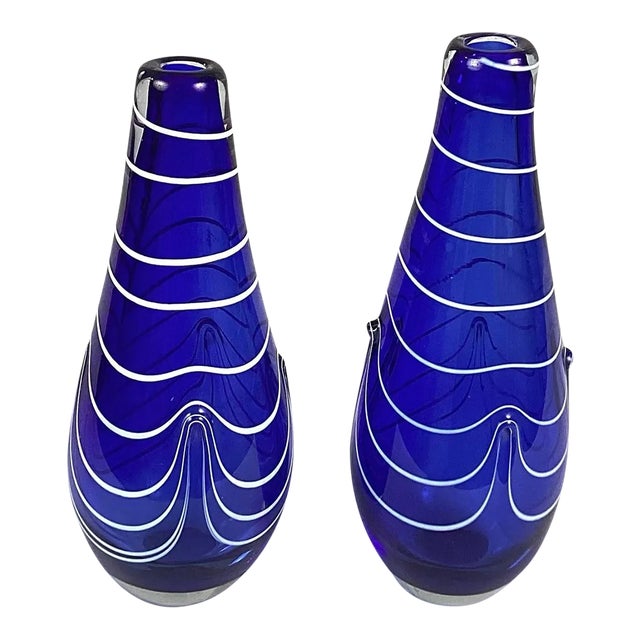 1930s Italian Hand Blown Cobalt Vases, Murano Attributed- Set of 2 For Sale