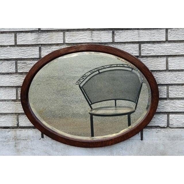 19th Century Victorian Oval Oak Wall Mirror Beveled Edge Antique Glass For Sale - Image 4 of 11