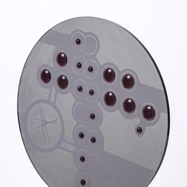 Mid-Century Abstract Smoked Glass Frosted Detailed Disc Sculpture Signed T Saul For Sale In New York - Image 6 of 15