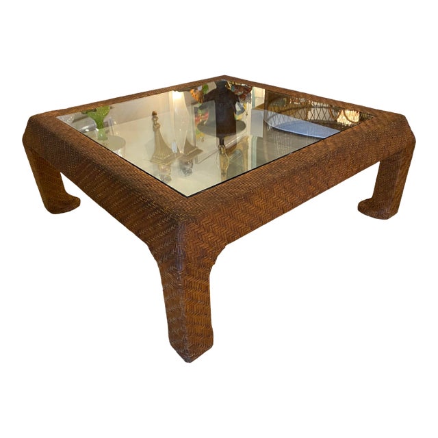 Vintage Scroll Ming Legs Braided Leather Wicker Glass Top Coffee Cocktail Table For Sale