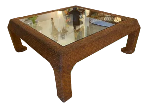 Vintage Scroll Ming Legs Braided Leather Wicker Glass Top Coffee Cocktail Table