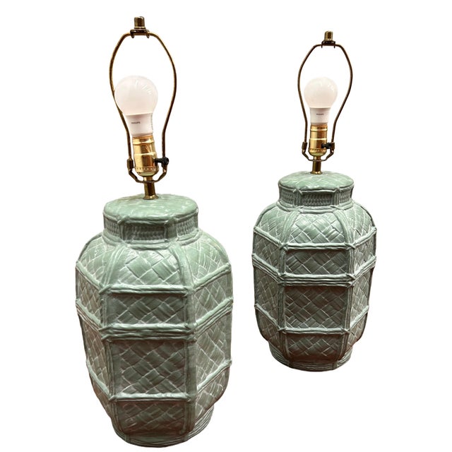 Vintage boho pair of faux basket weave plaster table lamps. Lamps are a beautiful light teal/seafoam color with white...
