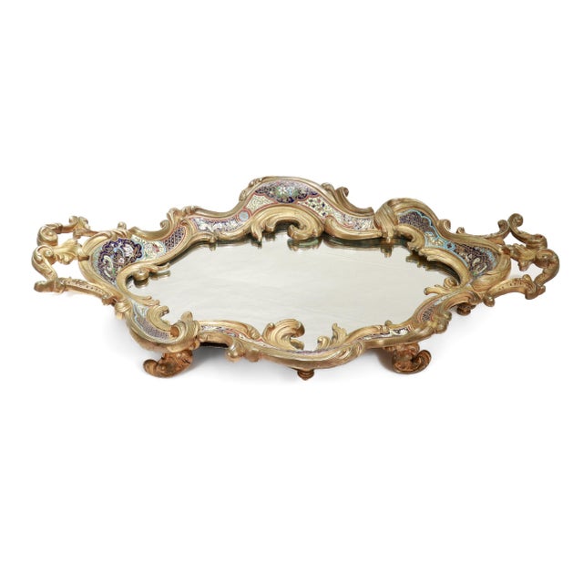 Large Antique French Gilt Bronze & Champlevé Enamel Mirrored Plateau or Tray For Sale - Image 12 of 18