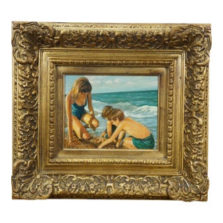 Late 20th Century Timeless Treasures Coastal Seascape Family on the Beach Oil Painting 20" For Sale