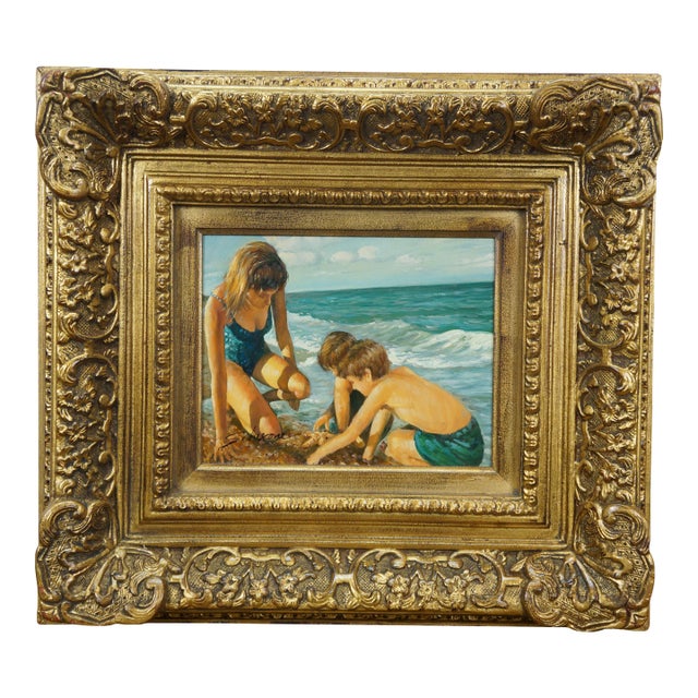 Late 20th Century Timeless Treasures Coastal Seascape Family on the Beach Oil Painting 20" For Sale