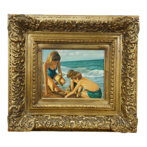 Late 20th Century Timeless Treasures Coastal Seascape Family on the Beach Oil Painting 20"