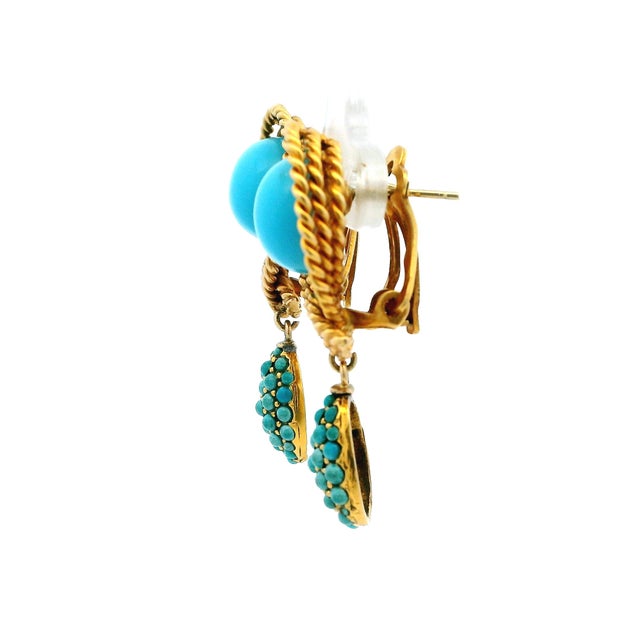 Italian 1970s Pair of Italian 14k Gold Turquoise Rope Motif Drop Earrings For Sale - Image 3 of 11
