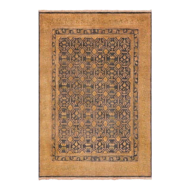 1980s 1980s Bohemian Semi Antique Low Pile Blue/Gold Wool Rug - 6'1" X 6'10" For Sale